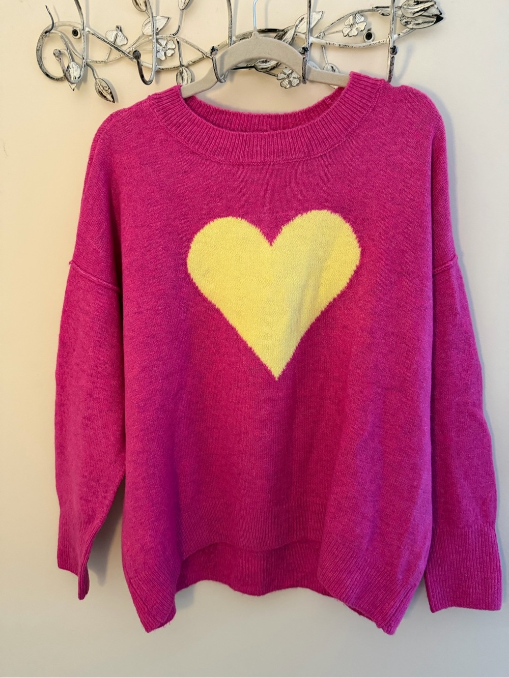 Vince Camuto Hot Pink Crewneck Sweater with Yellow Heart